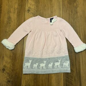 Janie and Jack Pink & Gray Sweater Dress w/ Faux Fur Sleeve Trim Sz 12-18 Months